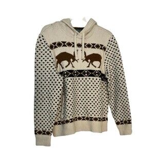 American Eagle Sweater Men Cream Fair Isle Moose Deer Hooded Pullover Size Large